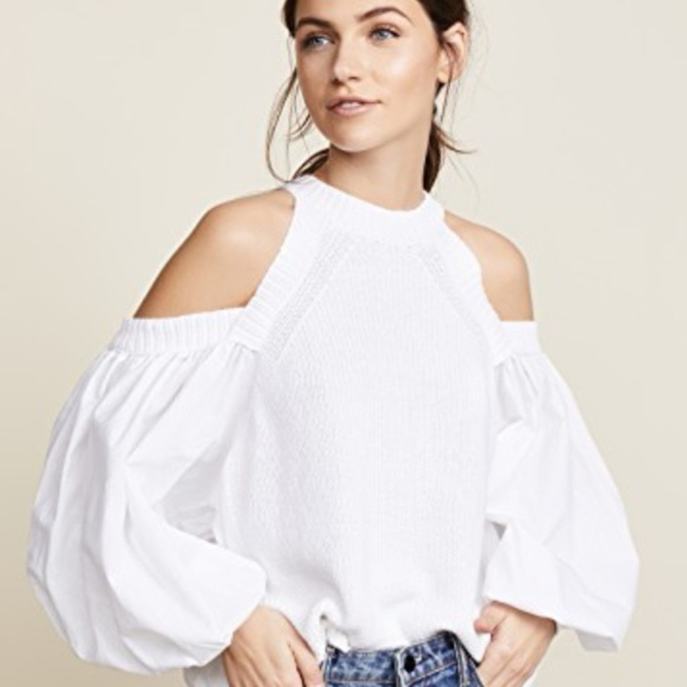 Free People White Cold-Shoulder Balloon Sleeve Blouse